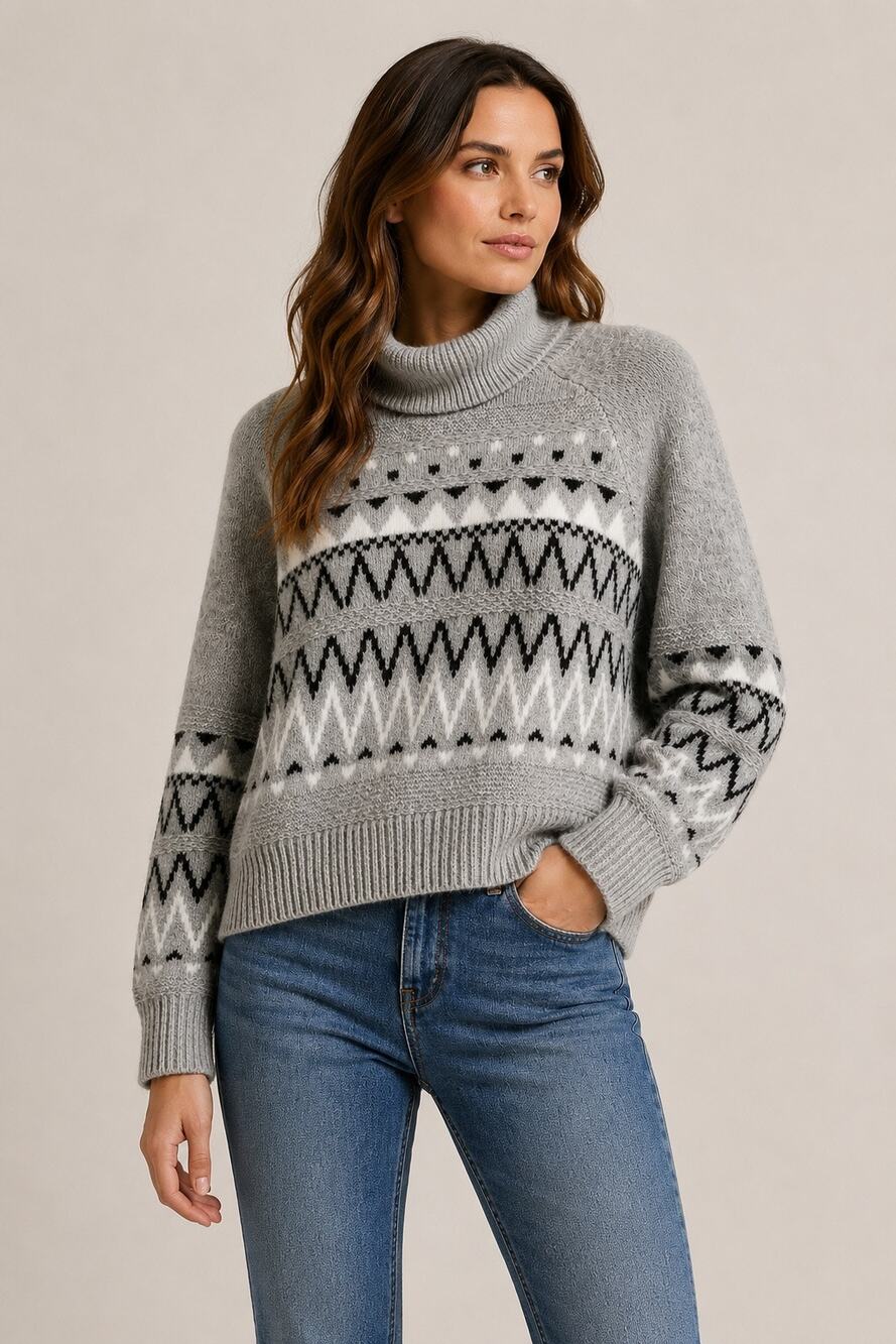 Evereve Fair Isle Turtleneck Sweater Gray Black White Geometric Knit Cozy Size M